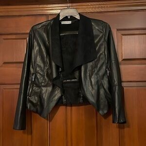 BAGATELLE VEGAN LEATHER DRAPED OPEN FRONT MOTO JACKET SMALL